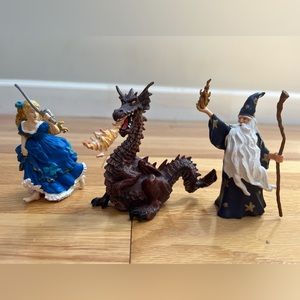 Lot of 3 Schleich figurines - damsel, wizard, and fire breathing dragon